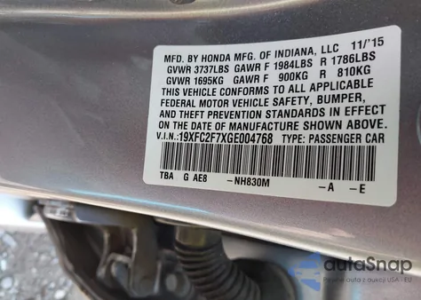 2016 Honda Civic Ex z USA, uszkodzony, nr VIN 19XFC2F7XGE004768